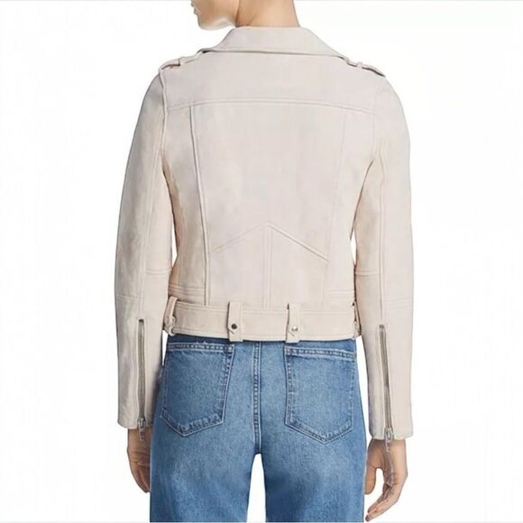 Philosophy Cream Faux Leather Suede Moto Jacket Asymmetrical Zipper Belt Size L - Picture 3 of 13